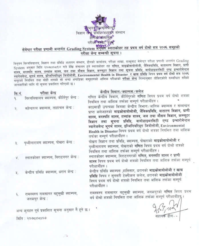 TU Announces the examination centre for MSC Second Semester